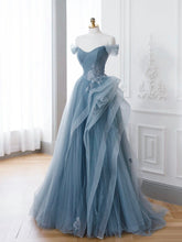 Elegant Gray Blue A-Line Off Shoulder Tulle Lace Prom Dress